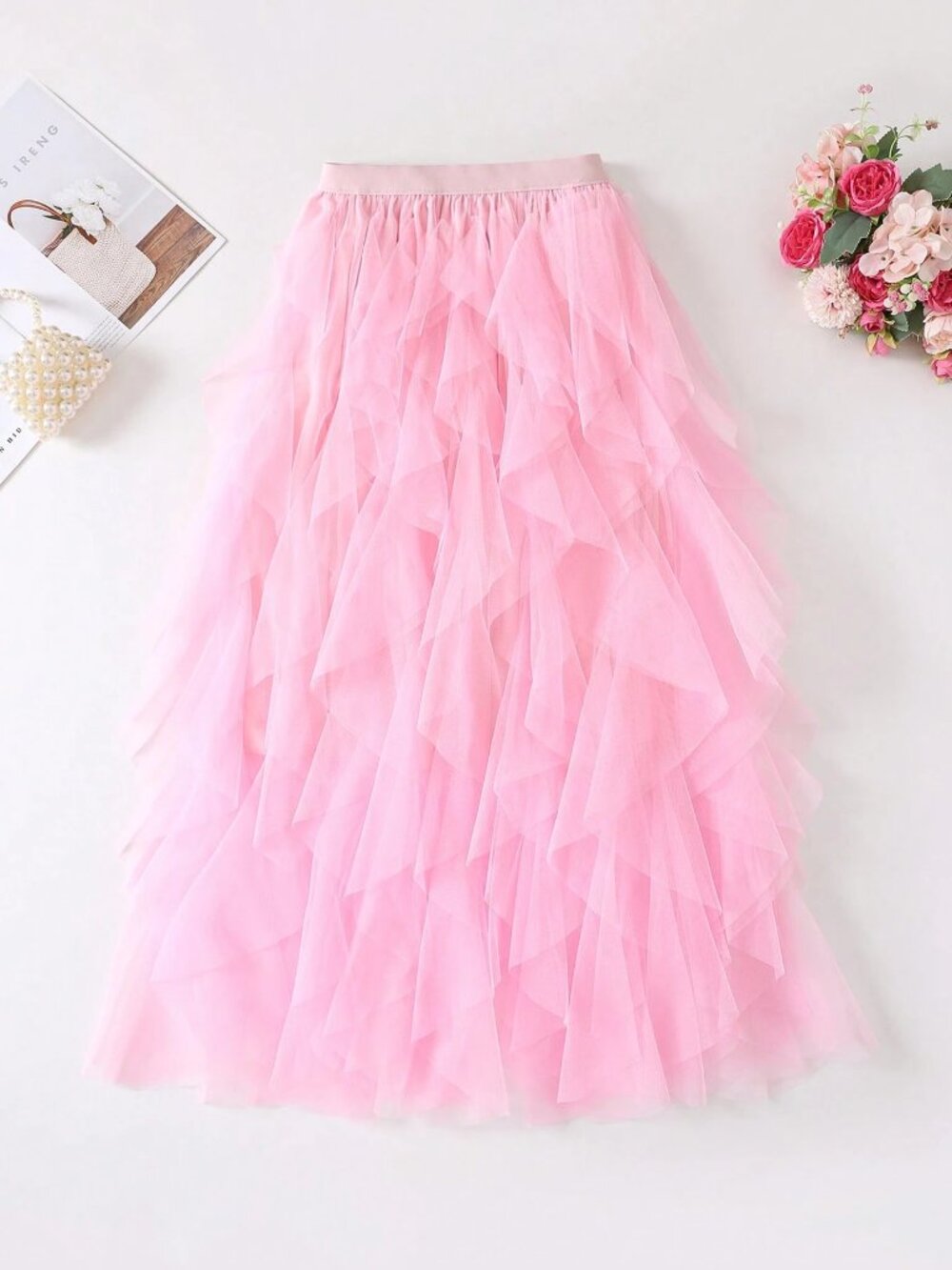Pink: Ruffled Layered Mesh Tuile, Asymmetrical Layered